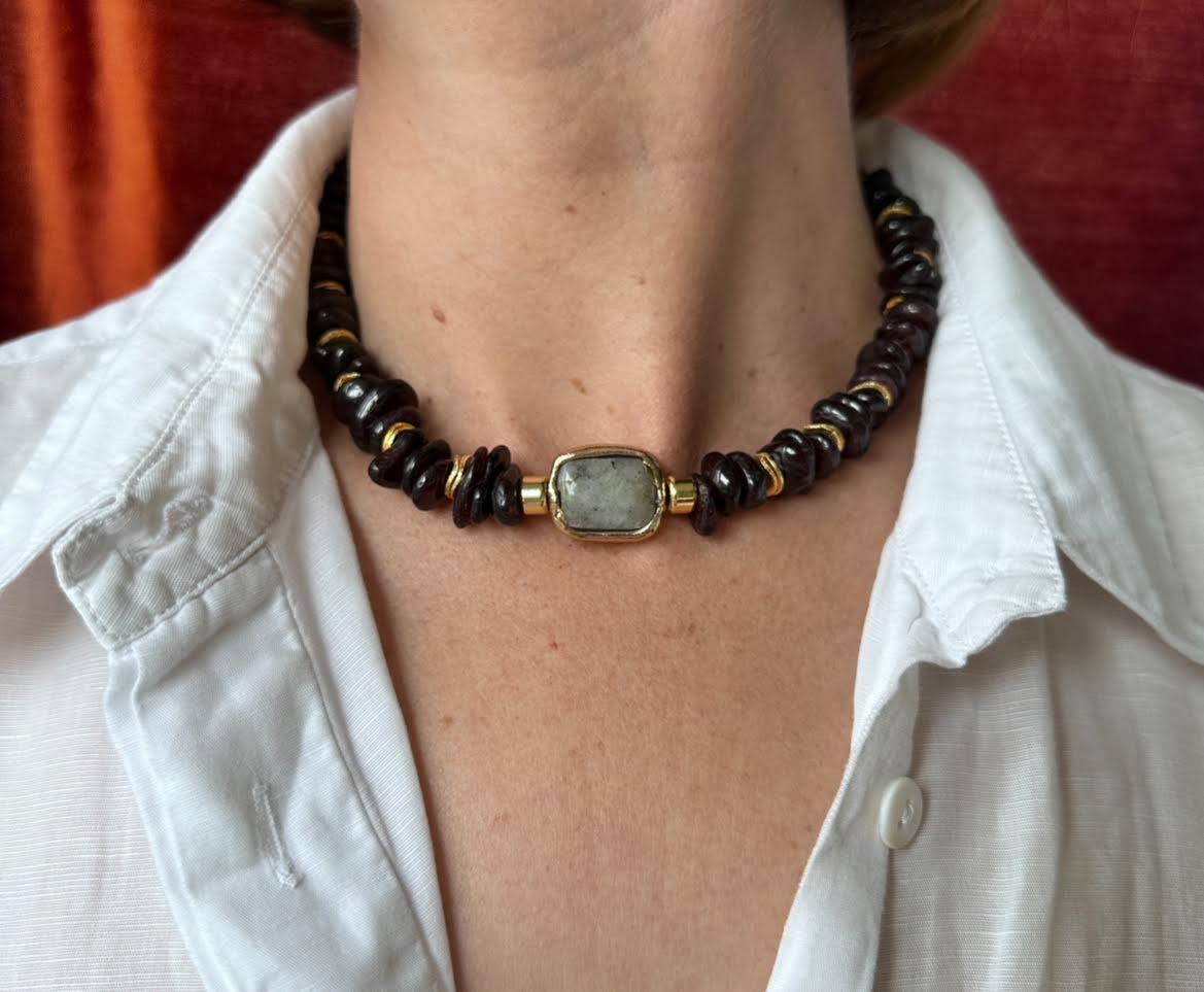 The Gece Garnet and Labradorite Collar Statement Necklace/LIMITED EDITION