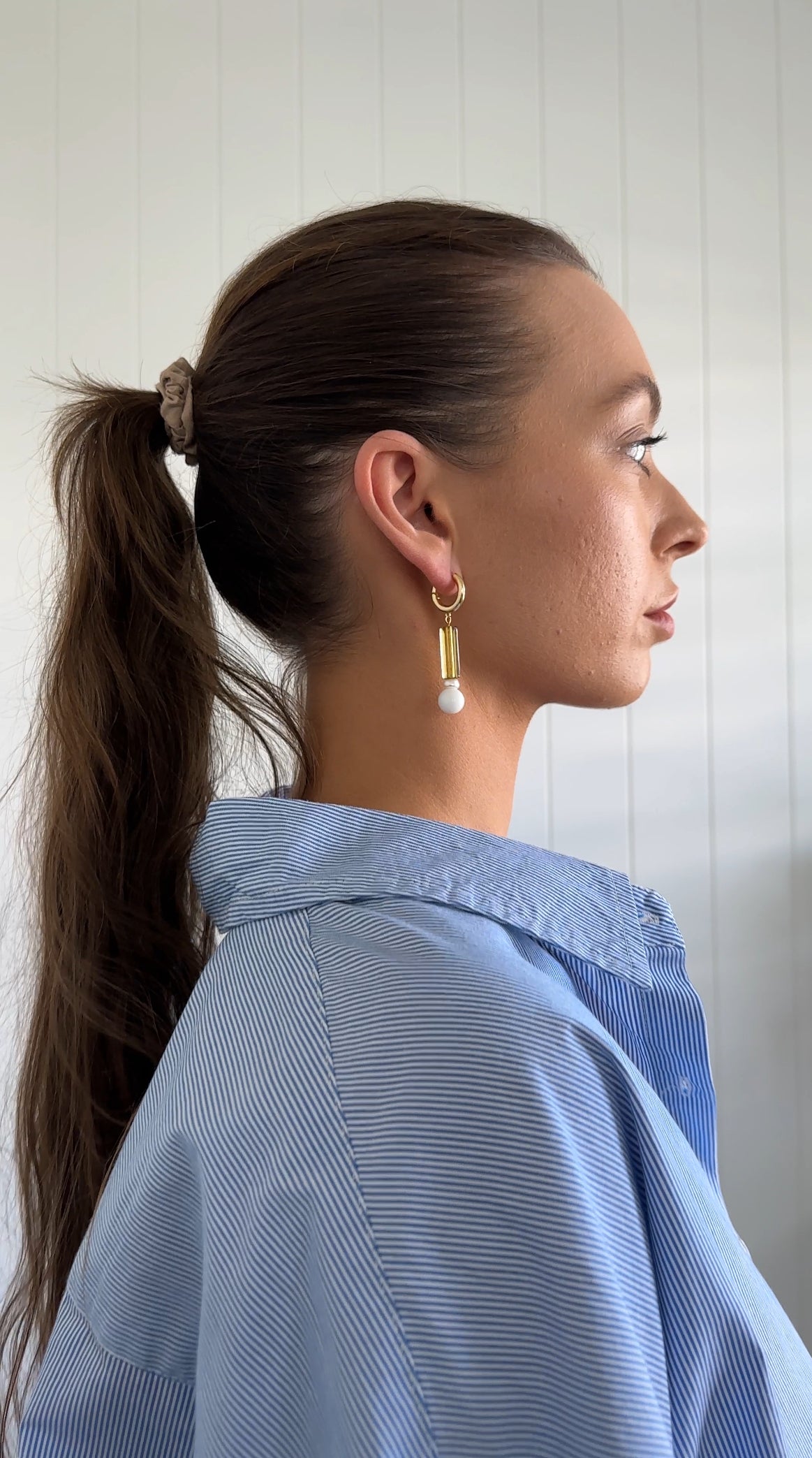 The Golden Rod Yellow Glass and Pearl Asymmetical Huggie Hoop Earring